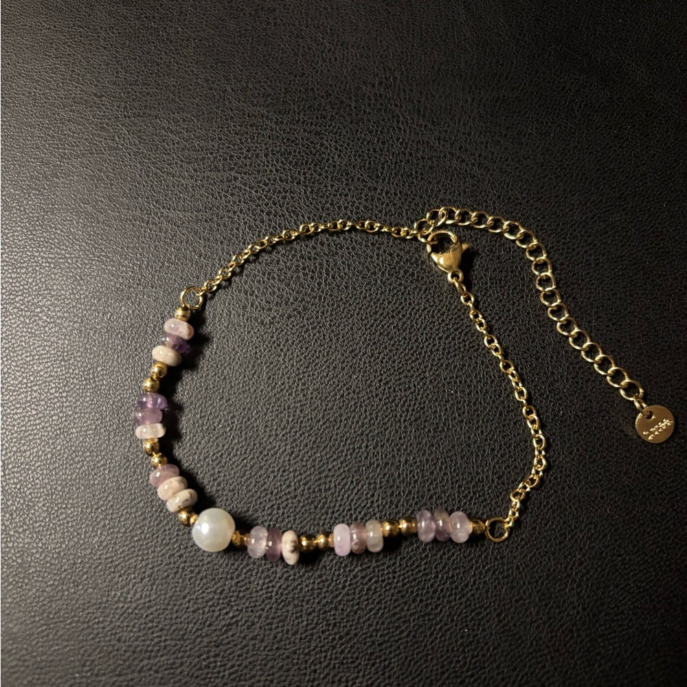 Stainless Steel 18k Gold Plated  Marble And Purple Stone Beads Bracelet